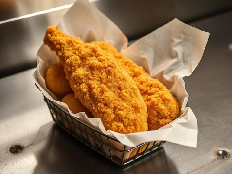 Cornmeal crusted fried catfish with hushpuppies on a paper lined basket