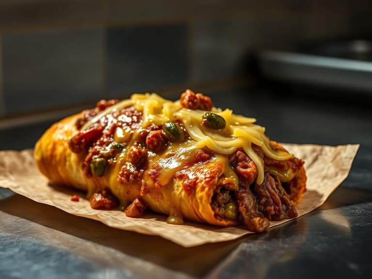Burrito smothered in pork green chile with melted cheese