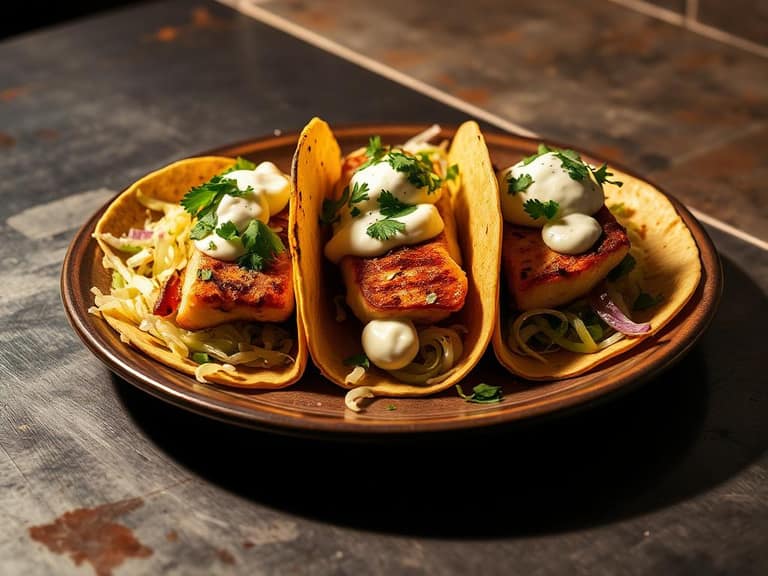 Three grilled fish tacos with cabbage and crema on a warm plate