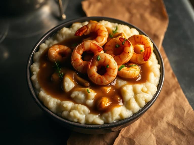 Bowl of stone ground grits topped with sautéed shrimp and gravy
