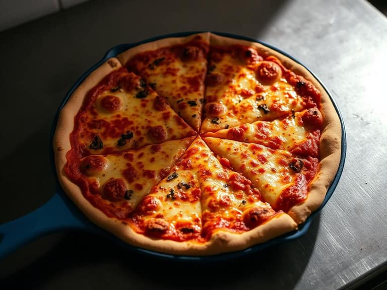 Detroit style pizza with crisp cheese edges in a blue steel pan
