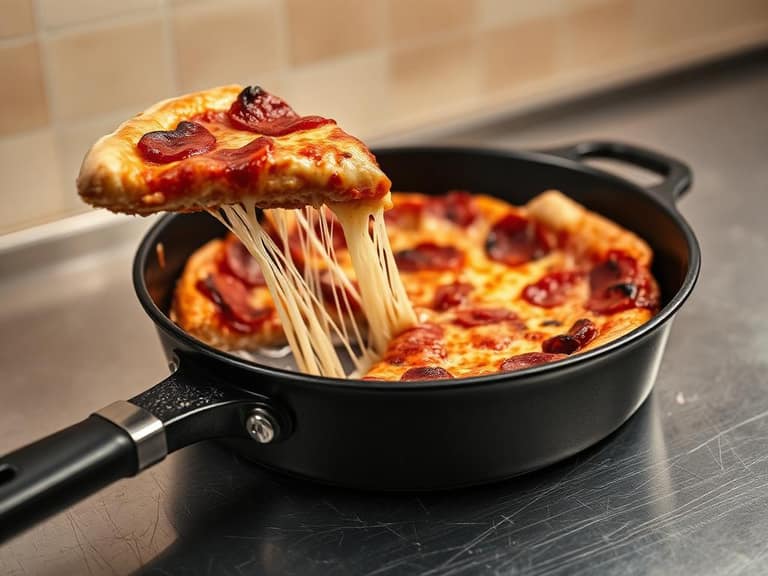 Slice of Chicago deep dish pizza pulled from a black steel pan