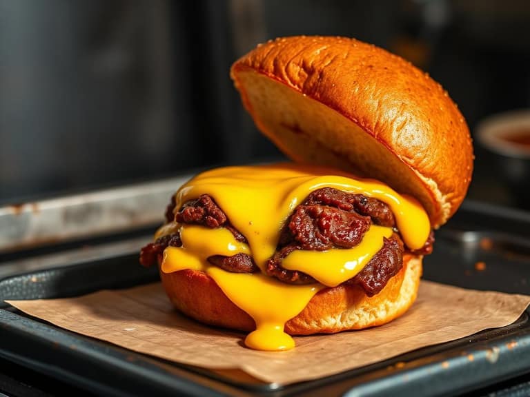 Cheese filled Juicy Lucy burger cut open on a griddle