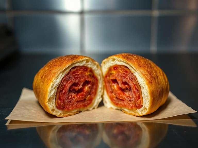 Split pepperoni roll showing baked pepperoni inside soft bread