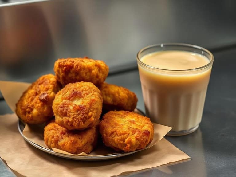 Fried clam cakes beside a cup of clear broth chowder