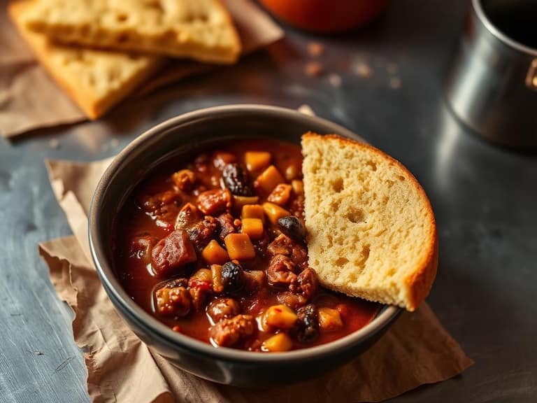 Bowl of elk chili with cornbread on the side