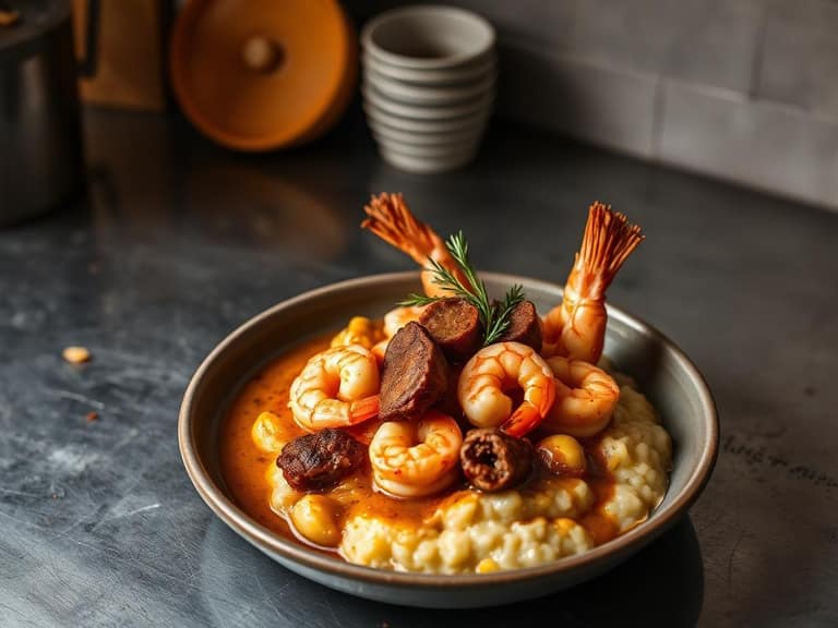 Lowcountry shrimp and grits with andouille and pan gravy