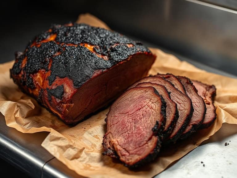 Sliced smoked brisket with a dark bark on butcher paper