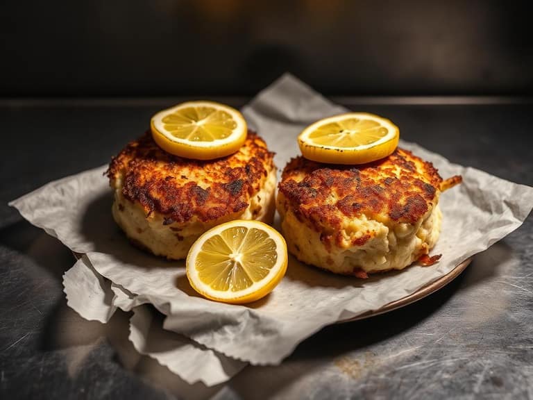 Two broiled jumbo lump crab cakes with lemon