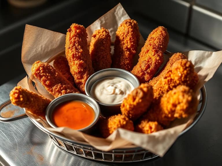 Basket of battered fried finger steaks with dipping sauce