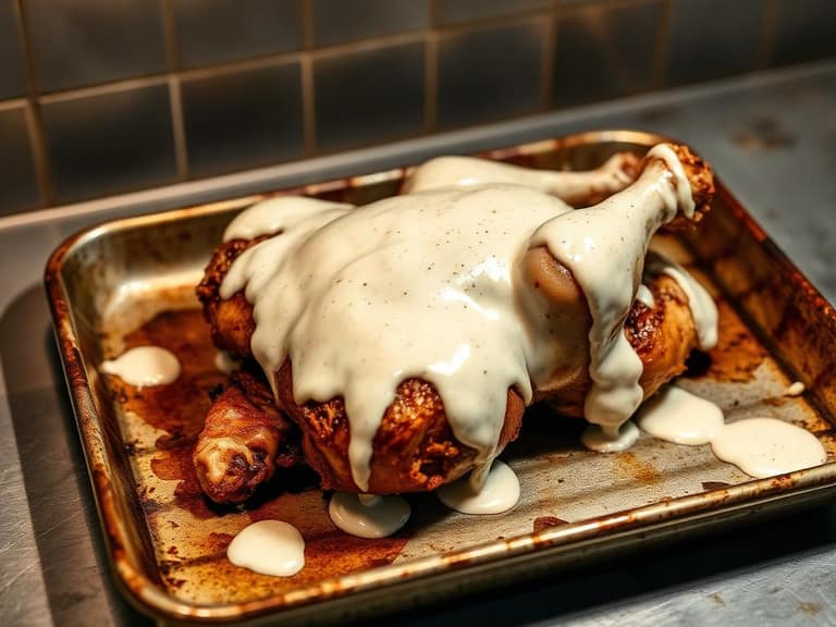 Smoked half chicken coated in Alabama white barbecue sauce on a metal tray