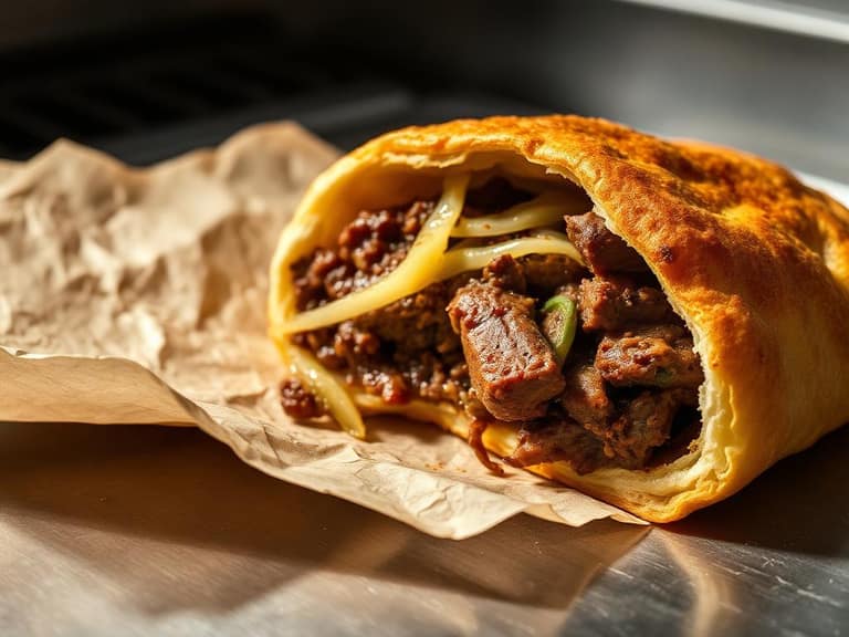 Baked bread pocket filled with seasoned beef and cabbage, sliced open