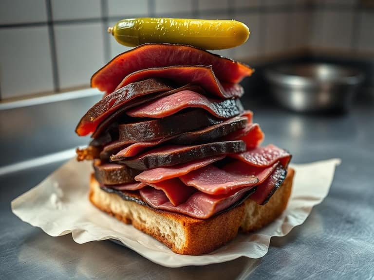 Hand cut pastrami piled on rye bread with a pickle