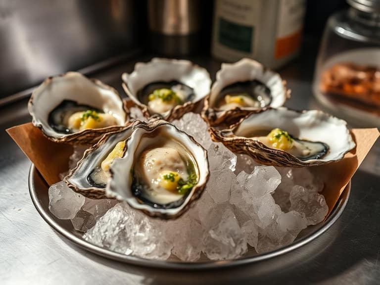 Half dozen raw oysters on ice with mignonette
