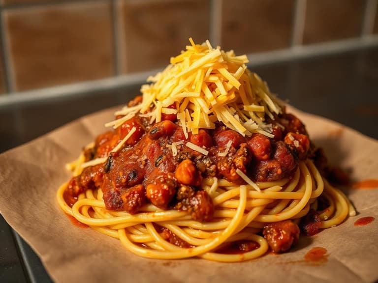 Three way Cincinnati chili over spaghetti topped with shredded cheddar