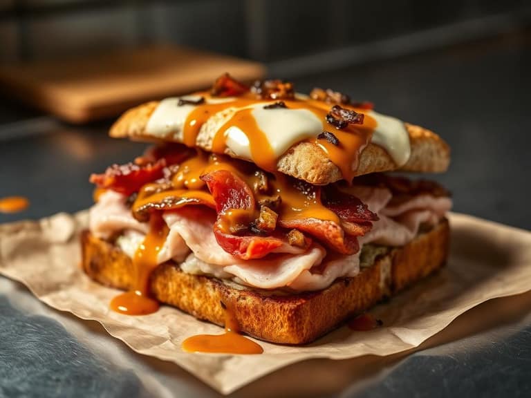 Open faced Hot Brown with turkey, bacon, and Mornay sauce browned under a broiler