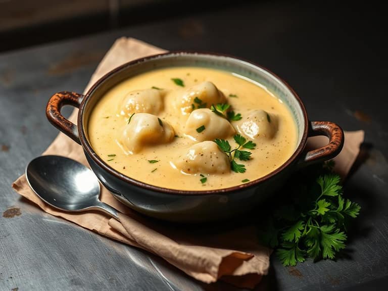 Bowl of creamy knoephla dumpling soup