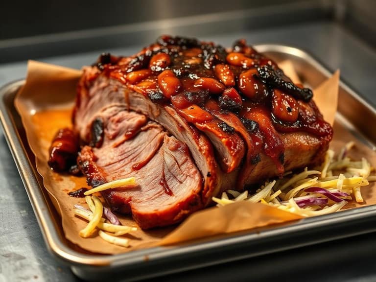 Chopped vinegar sauced whole hog barbecue on a tray with slaw