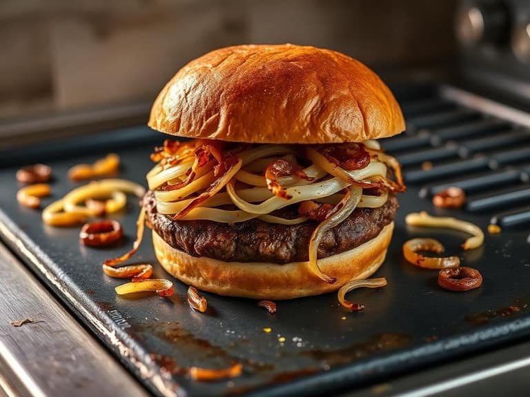 Smashed onion burger on a flat top griddle