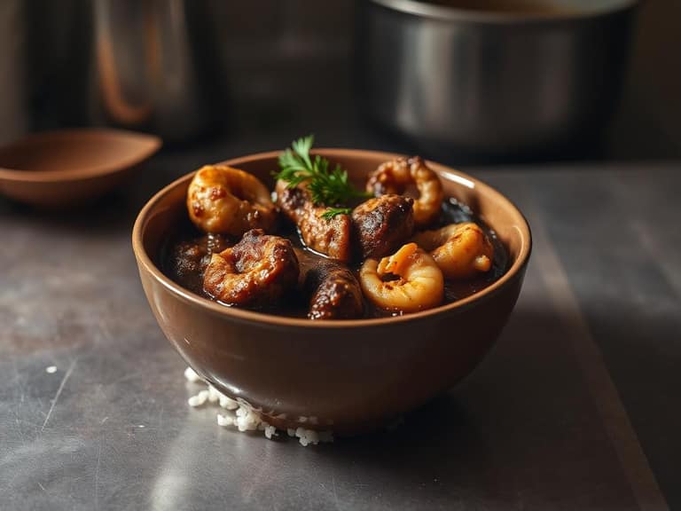 Bowl of dark roux seafood gumbo over rice