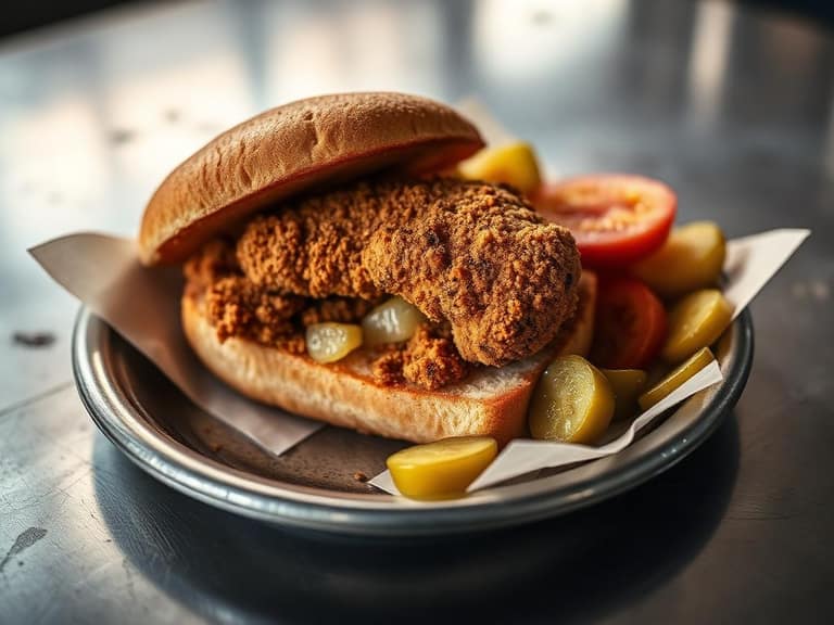Hand breaded pork tenderloin sandwich overhanging a bun on a diner plate