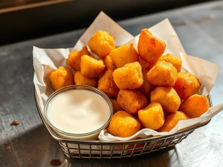 Basket of golden fried cheese curds with ranch