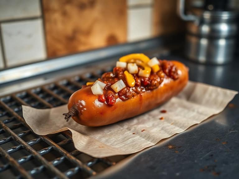 Grilled half smoke sausage topped with chili, onions, and mustard