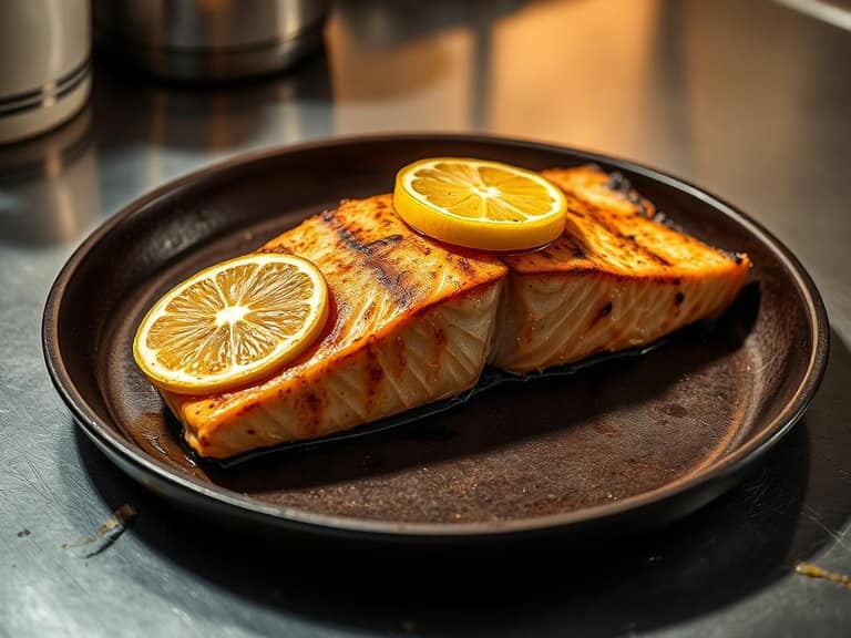 Grilled king salmon fillet with lemon on a cast iron plate