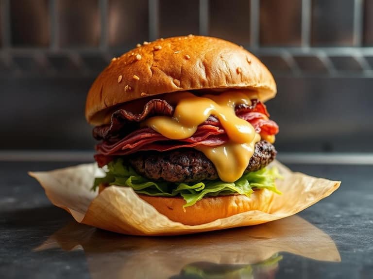 Pastrami topped burger with fry sauce on a griddled bun