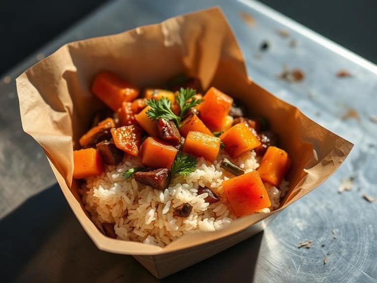 Rice and vegetable bowl served from a food cart window