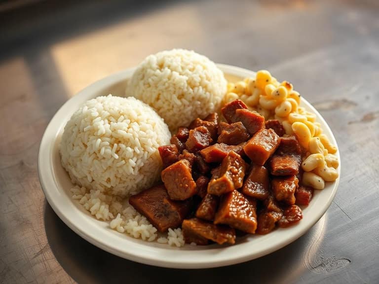 Two scoop rice plate lunch with kalua pork and macaroni salad