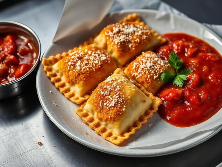 Breaded toasted ravioli dusted with parmesan and marinara