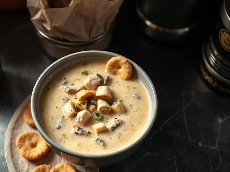 Bowl of thick New England clam chowder with oyster crackers