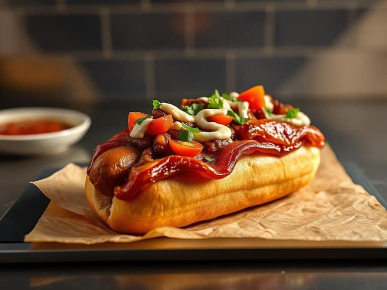 Bacon wrapped Sonoran hot dog loaded with beans, tomato, and crema