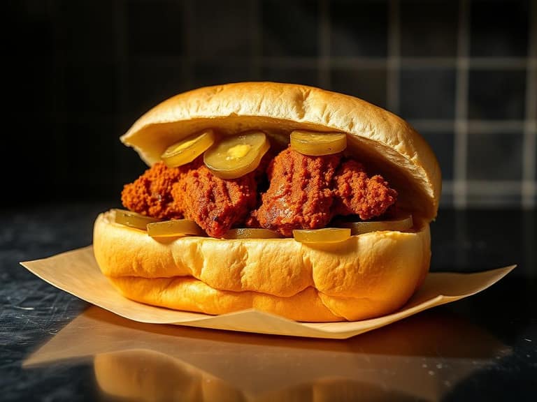 Nashville hot chicken on white bread with pickles