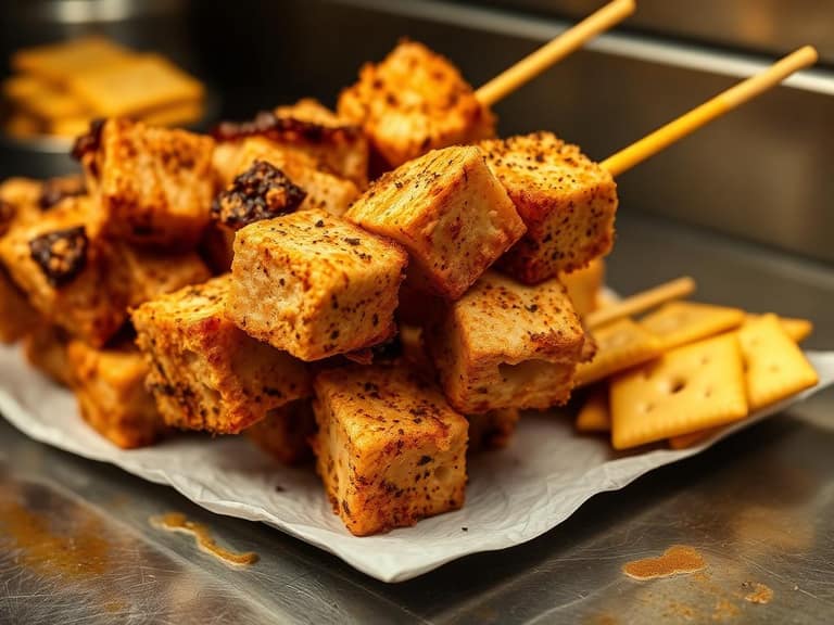 Skewered cubes of seasoned fried chislic with saltines