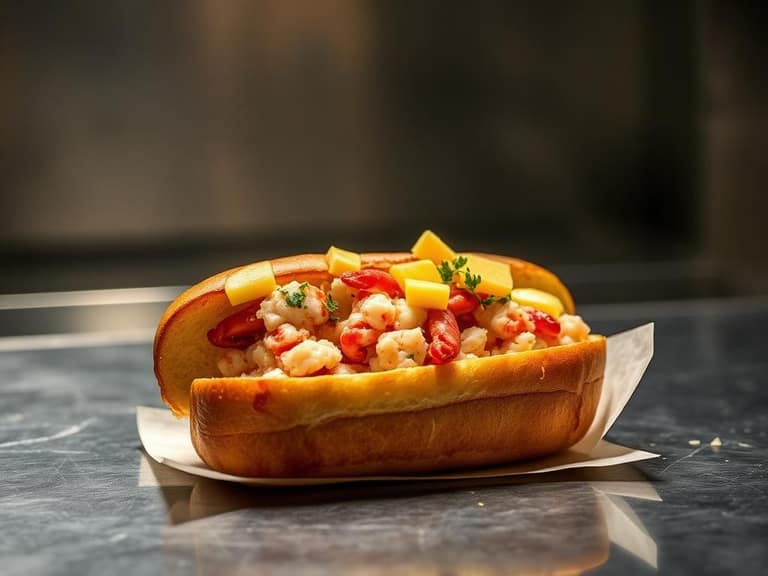 Butter poached lobster roll in a toasted split top bun