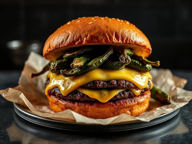 Green chile cheeseburger with roasted chiles and melted cheese