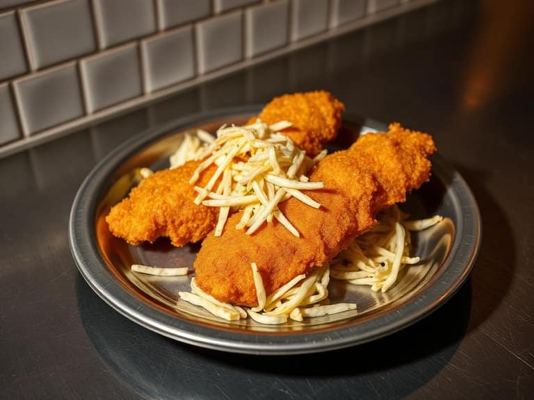 Fried catfish fillets with coleslaw on a heavy plate
