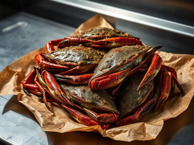 Seasoned steamed blue crabs piled on brown paper