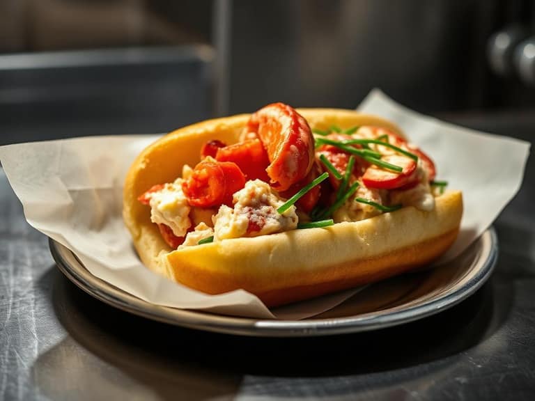 Cold lobster roll with mayo and chives in a buttered bun
