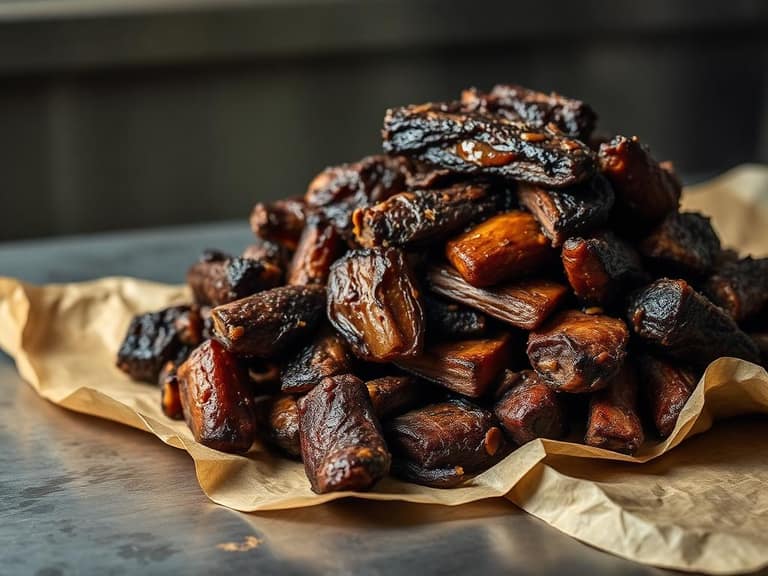 Pile of caramelized brisket burnt ends on butcher paper