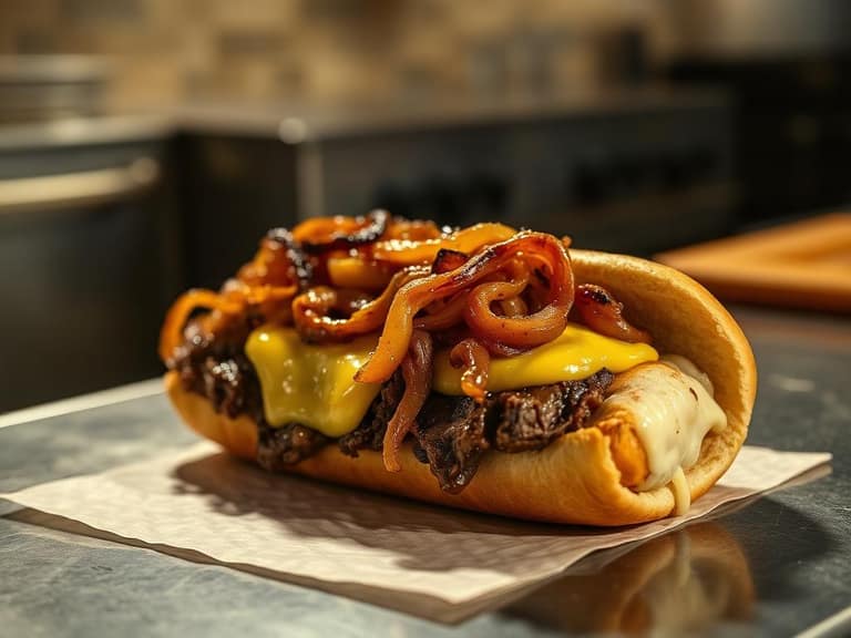 Cheesesteak with grilled onions and melted cheese in a long roll