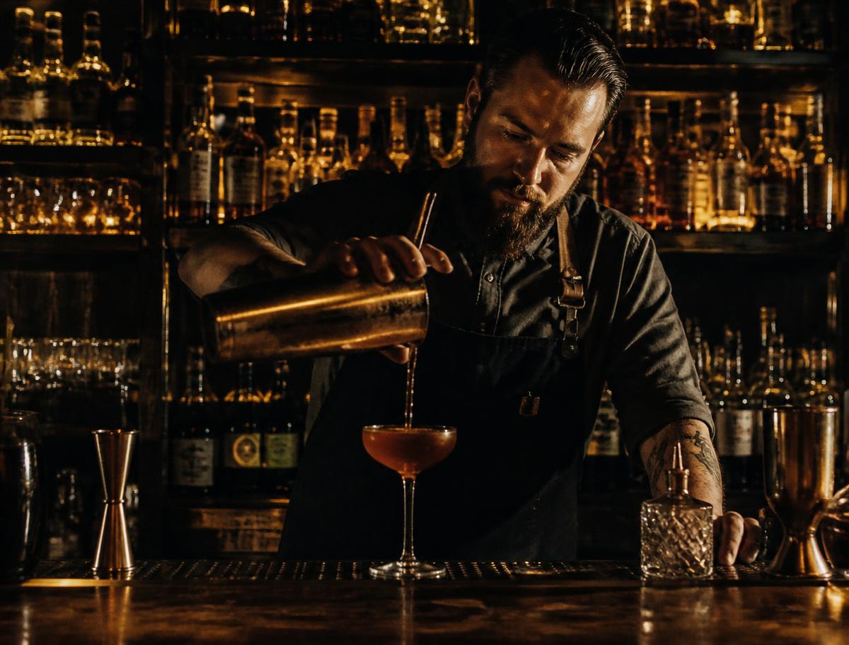 Bartender straining a cocktail behind a dimly lit back bar