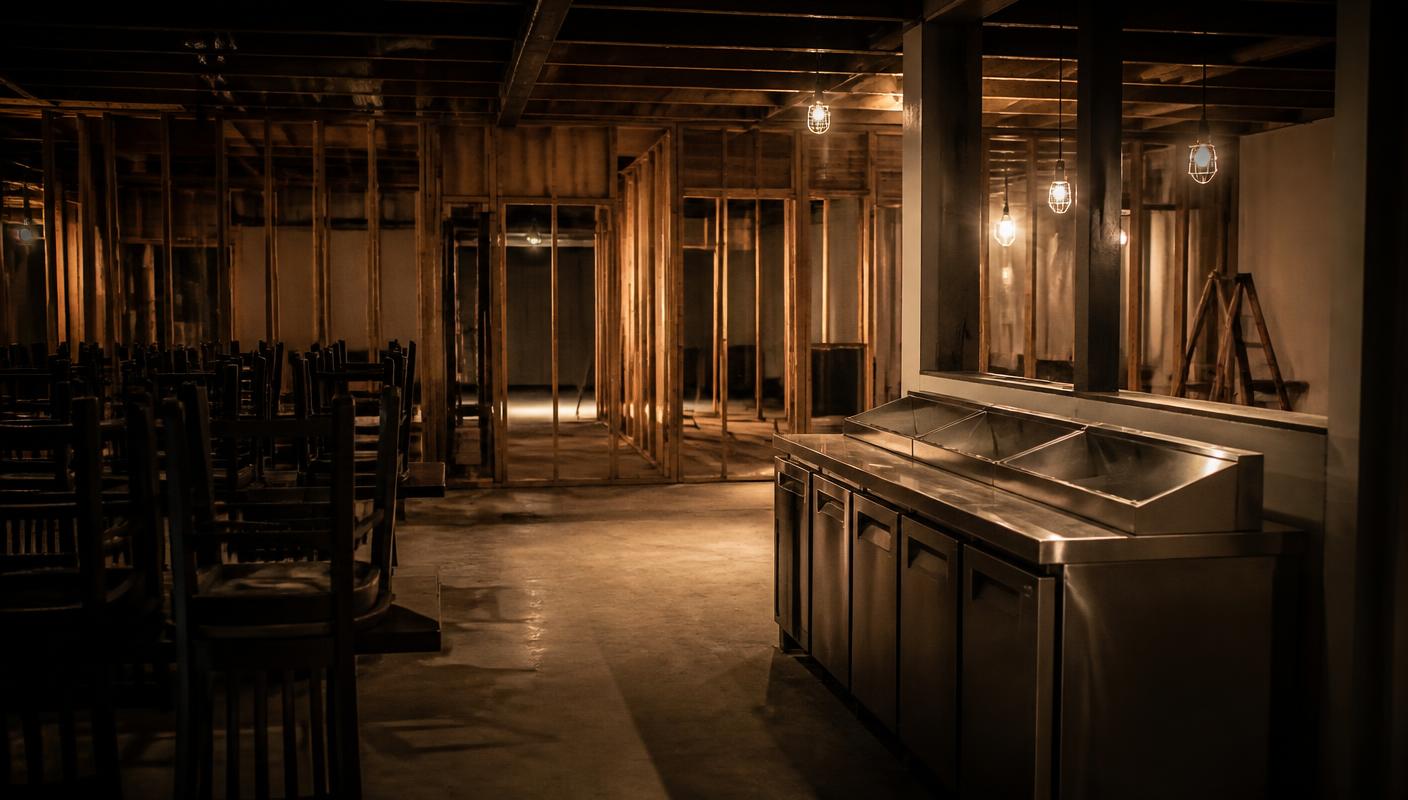 Unfinished restaurant dining room buildout with stacked chairs and a new stainless prep counter