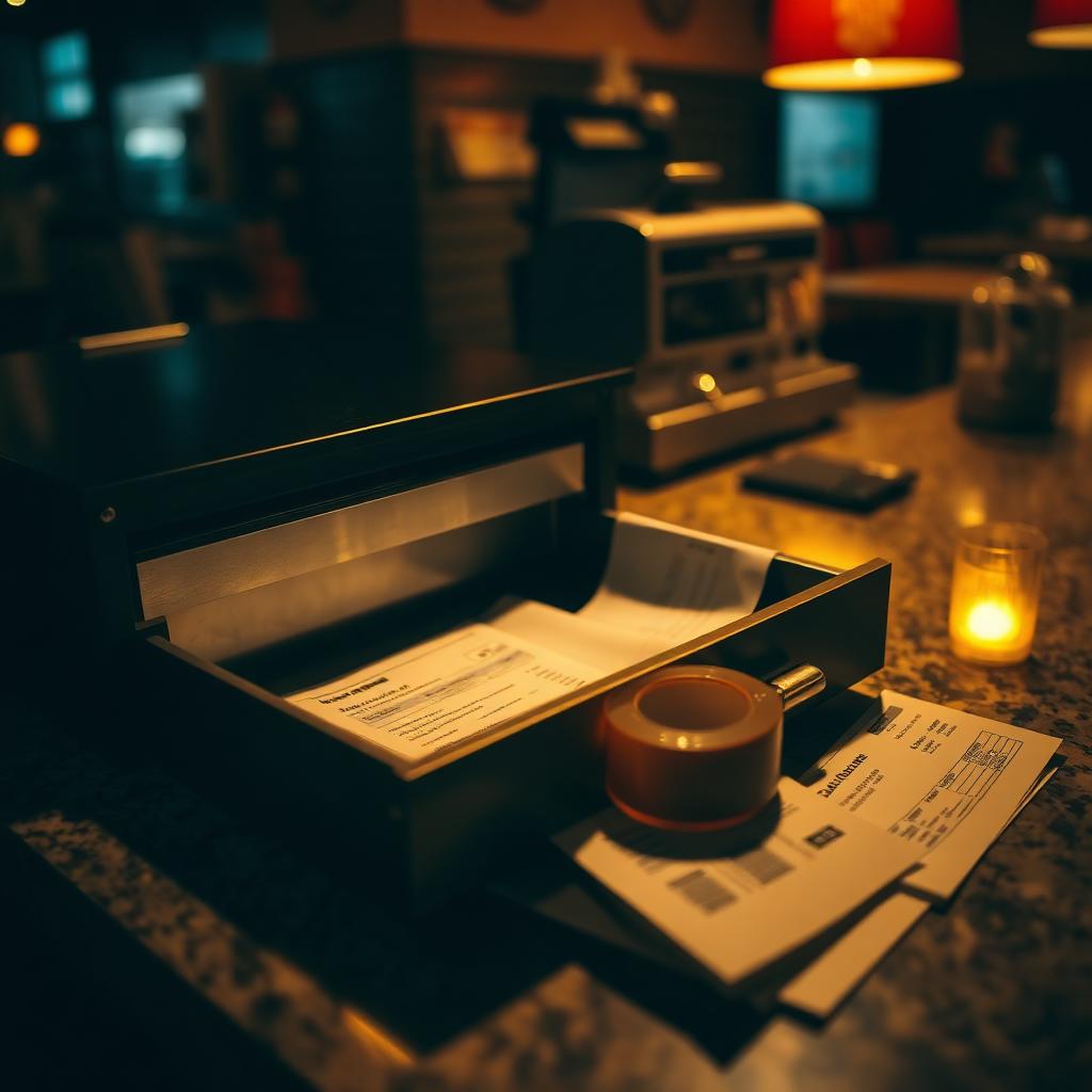 Open cash drawer and closing paperwork on a restaurant service counter