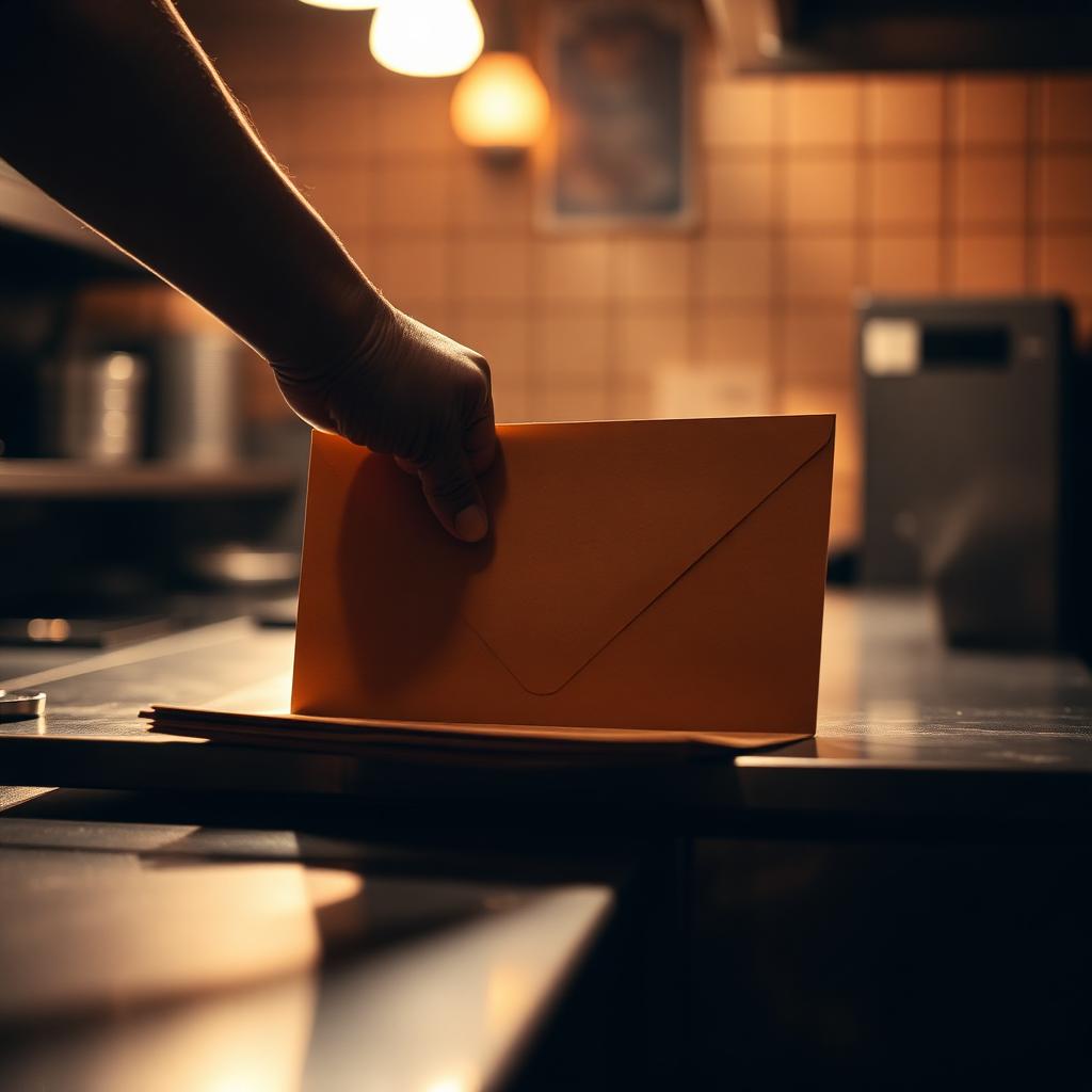 A hand sliding a sealed folder across a stainless steel prep table