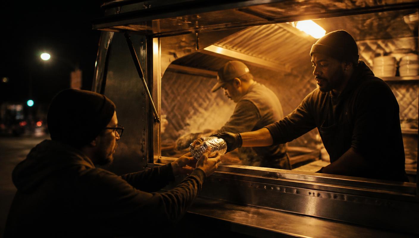 Food truck crew handing an order through a lit service window at night