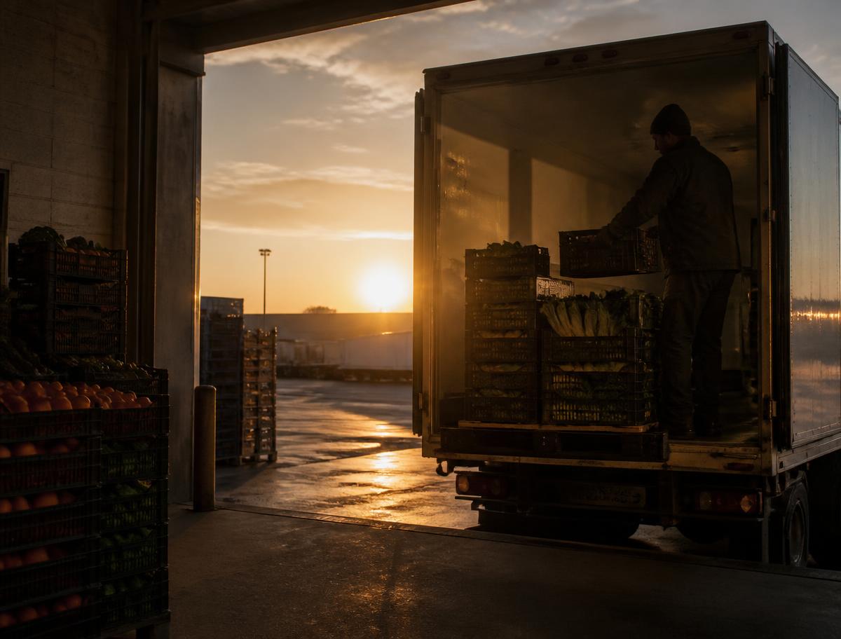Produce crates loaded into a refrigerated truck at a distribution dock at sunrise