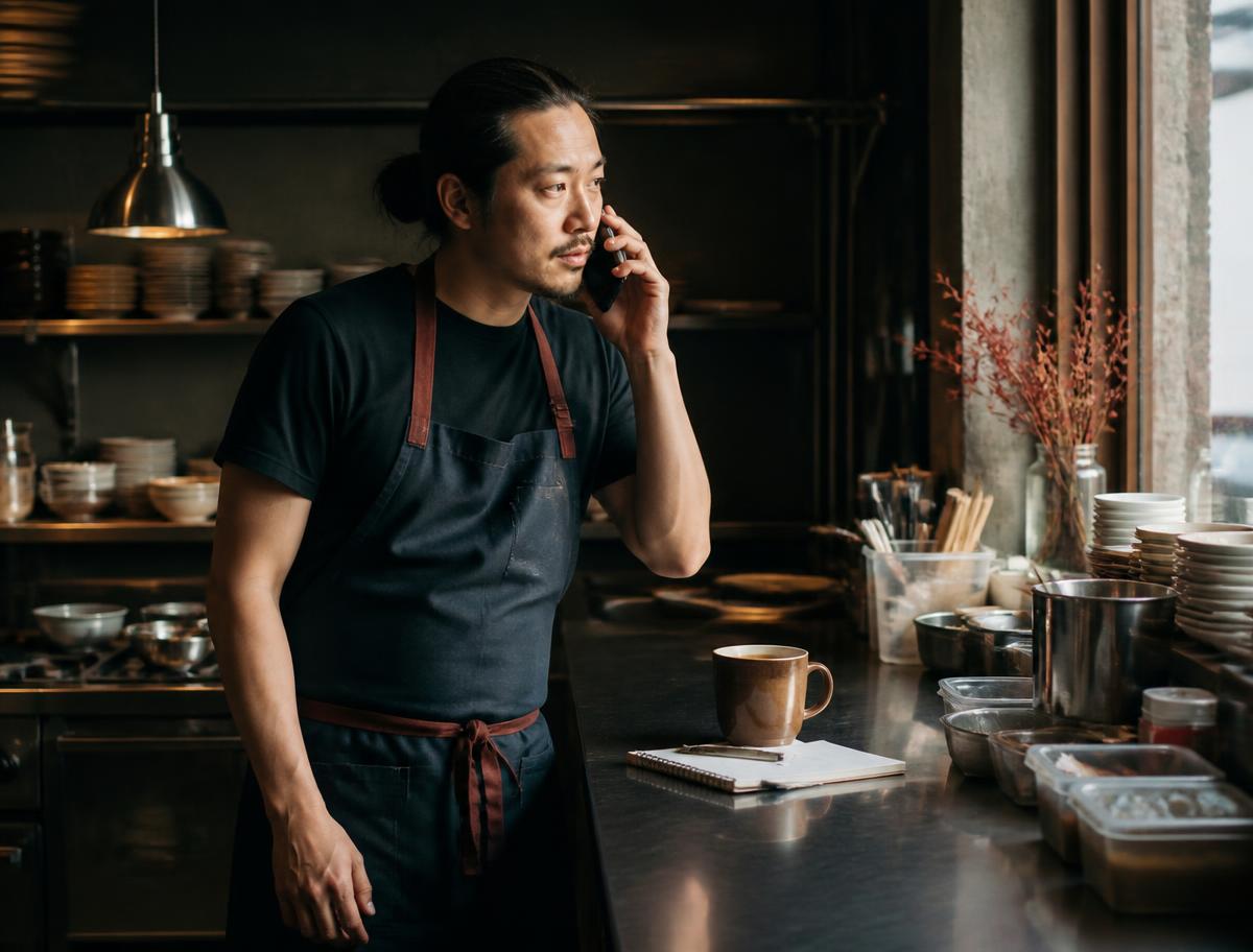 Restaurant owner on a phone call at the prep counter before service